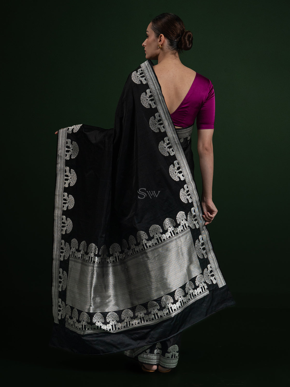 Black Shikargah Boota Satin Silk Handloom Banarasi Saree - Sacred Weaves