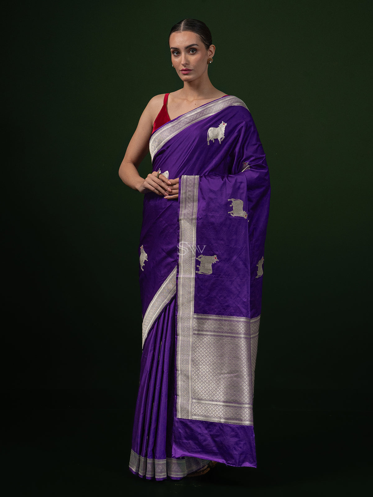 Purple Shikargah Boota Katan Silk Handloom Banarasi Saree - Sacred Weaves