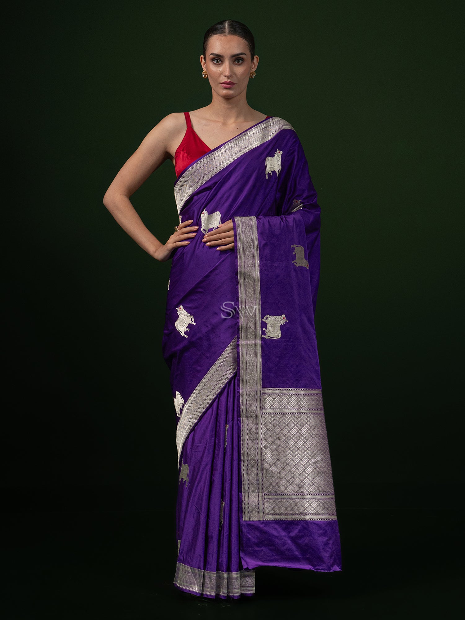 Purple Shikargah Boota Katan Silk Handloom Banarasi Saree - Sacred Weaves