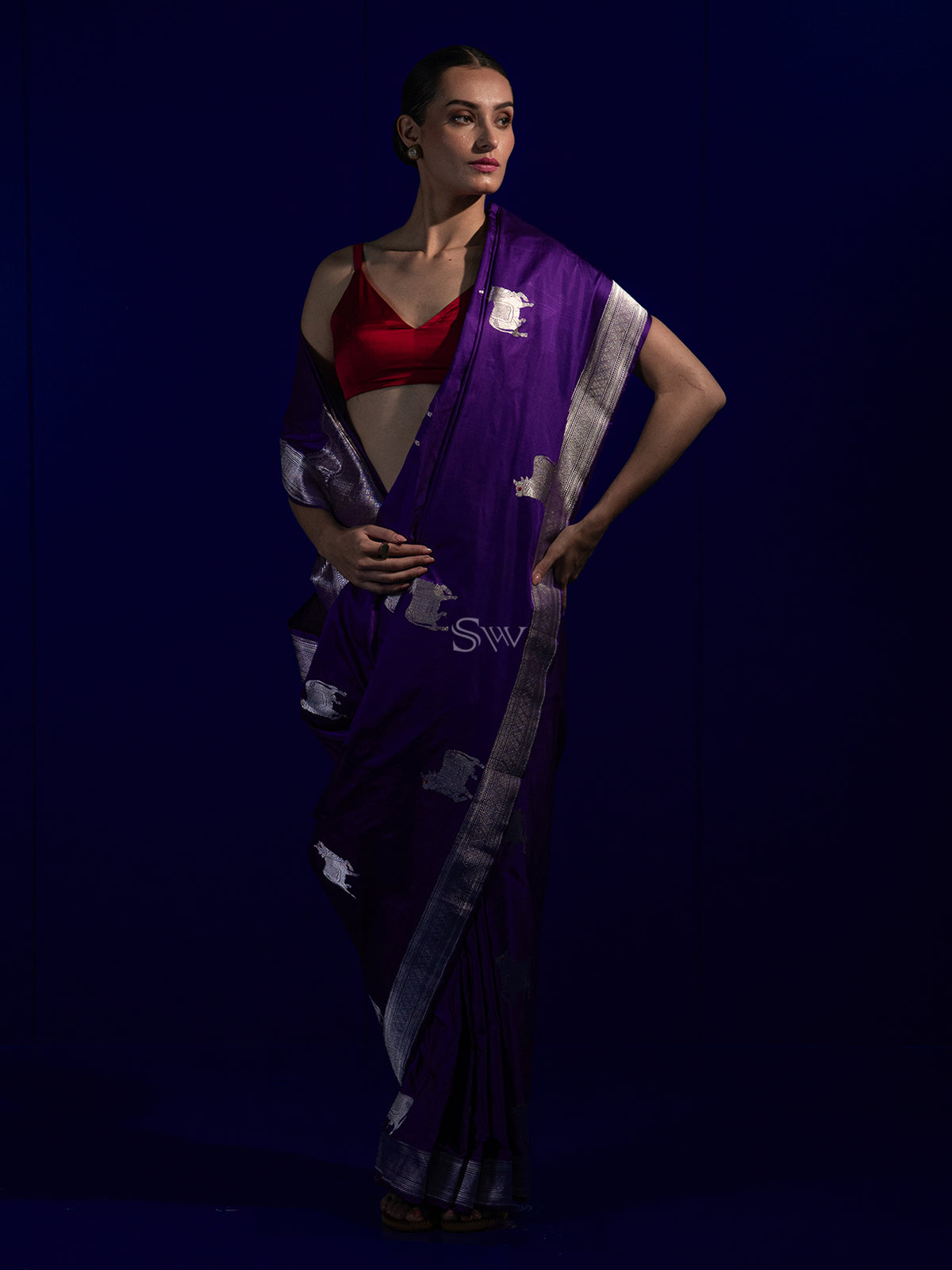 Purple Shikargah Boota Katan Silk Handloom Banarasi Saree - Sacred Weaves