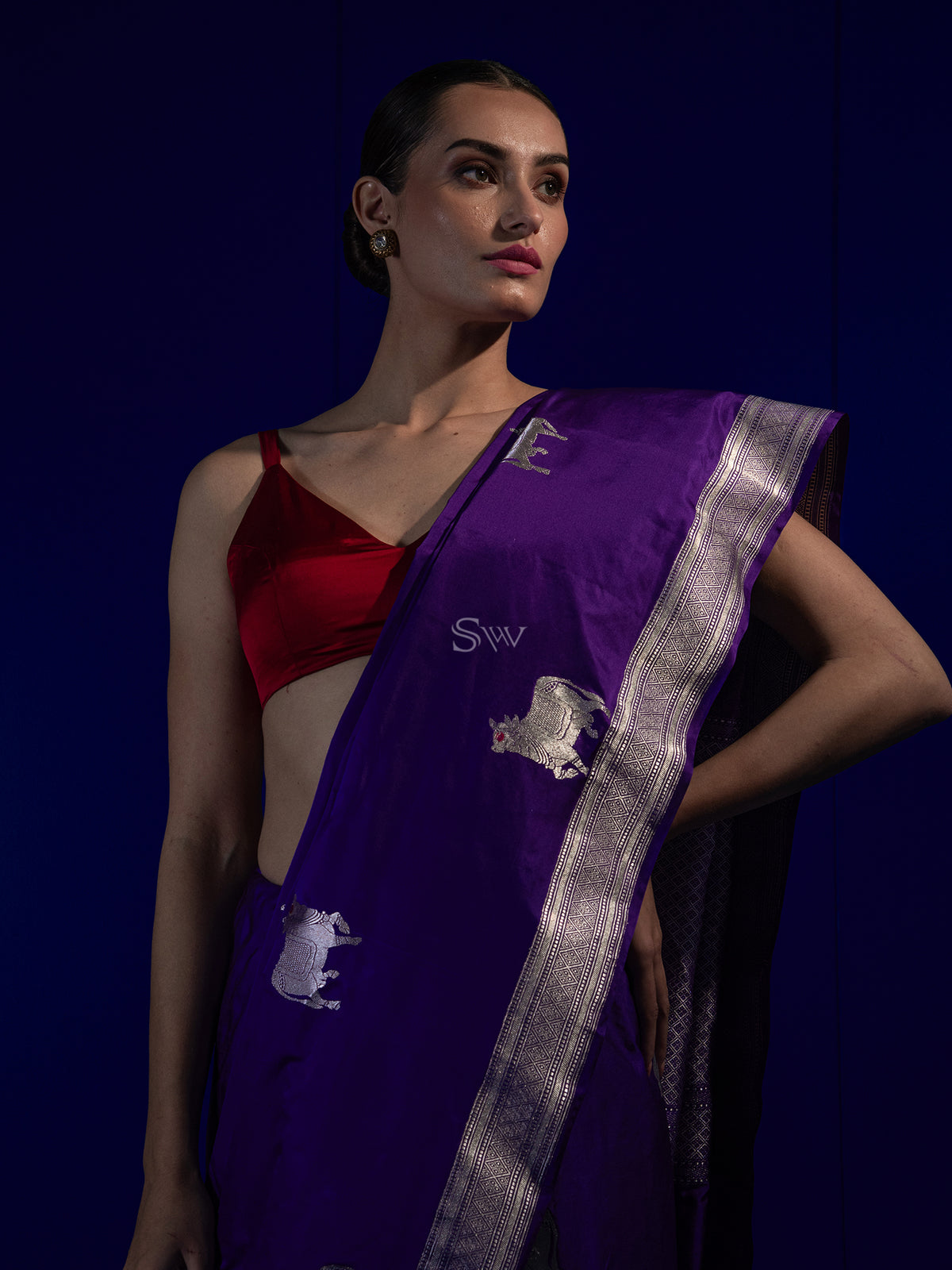 Purple Shikargah Boota Katan Silk Handloom Banarasi Saree - Sacred Weaves