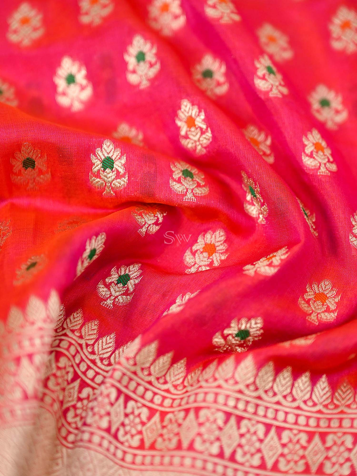 Pink Orange Meenakari Booti Katan Silk Handloom Banarasi Fabric