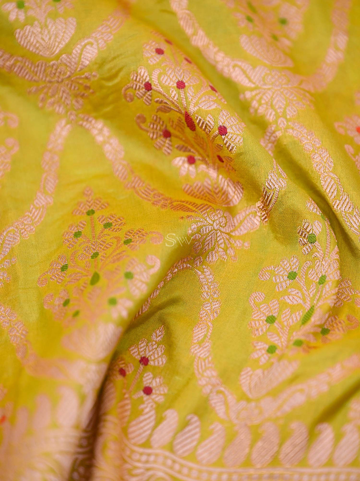 Lime Green Meenakari Jaal Katan Silk Handloom Banarasi Fabric