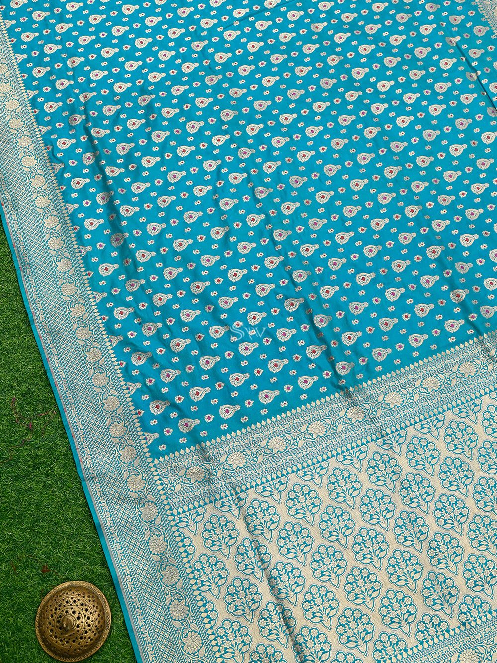 Turquoise Blue Meenakari booti Katan Silk Handloom Banarasi Saree