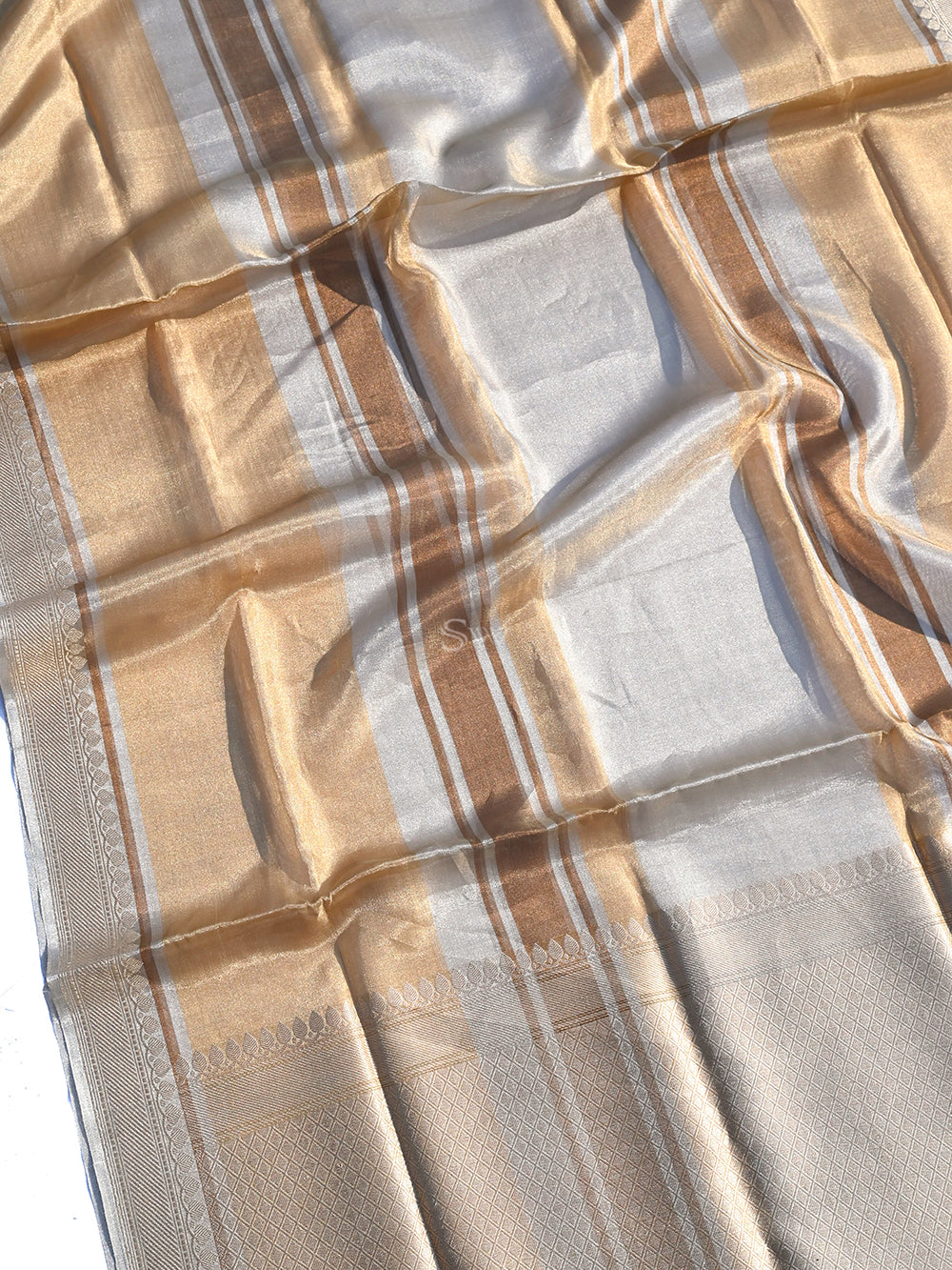 Beige Tissue Stripe Handloom Banarasi Saree - Sacred Weaves