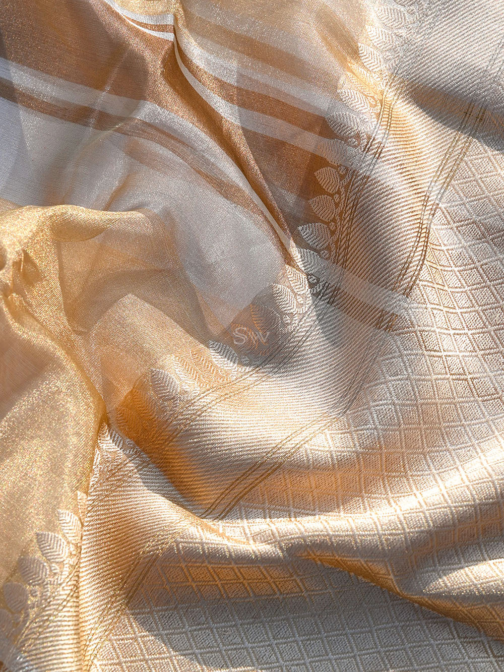 Beige Tissue Stripe Handloom Banarasi Saree - Sacred Weaves