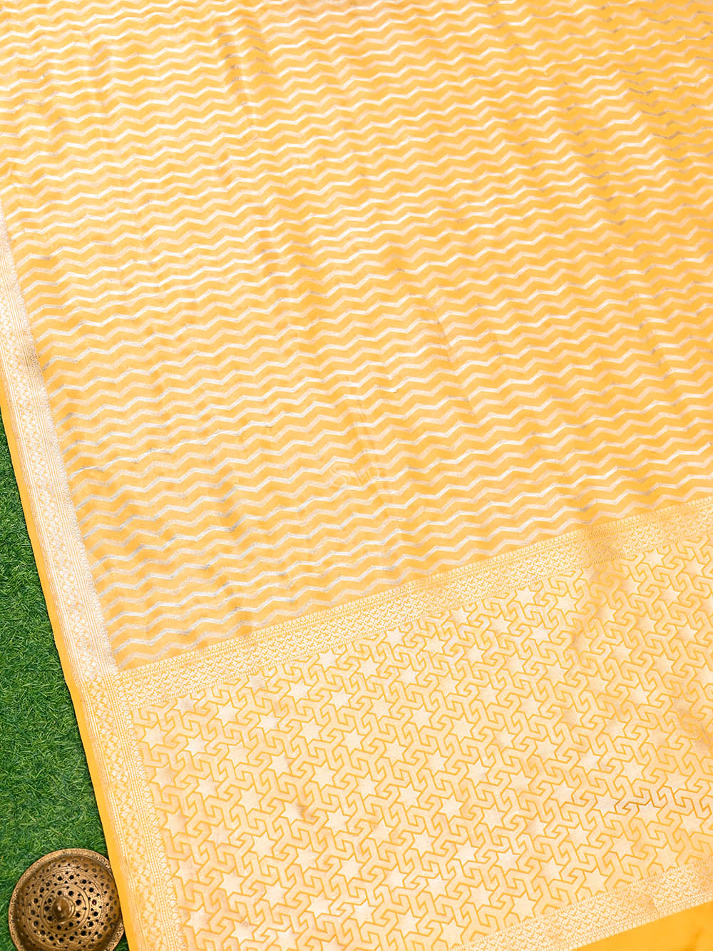 Mustard Satin Brocade Handloom Banarasi Saree - Sacred Weaves 