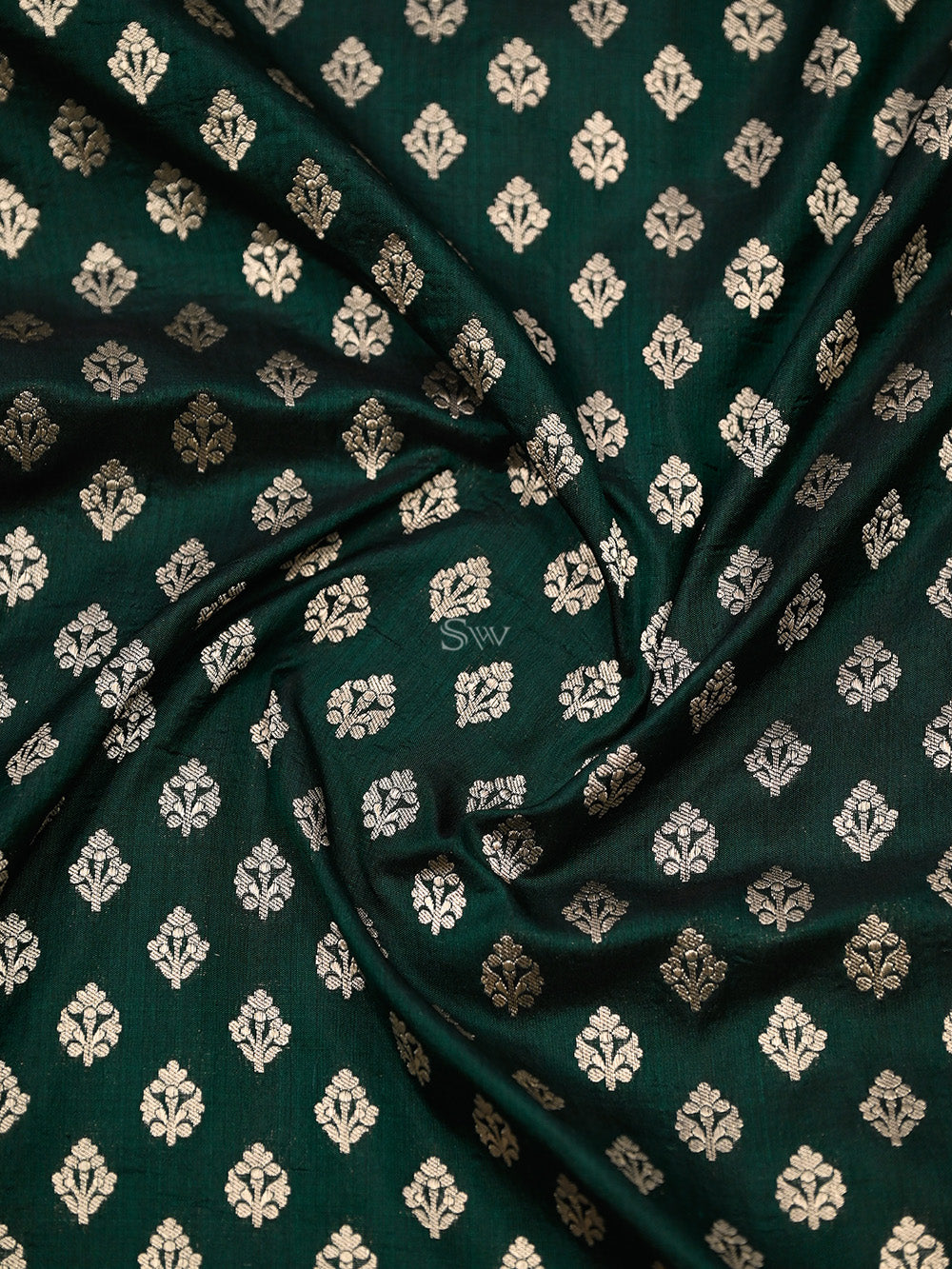 Dark Green Booti Katan Silk Handloom Banarasi Saree