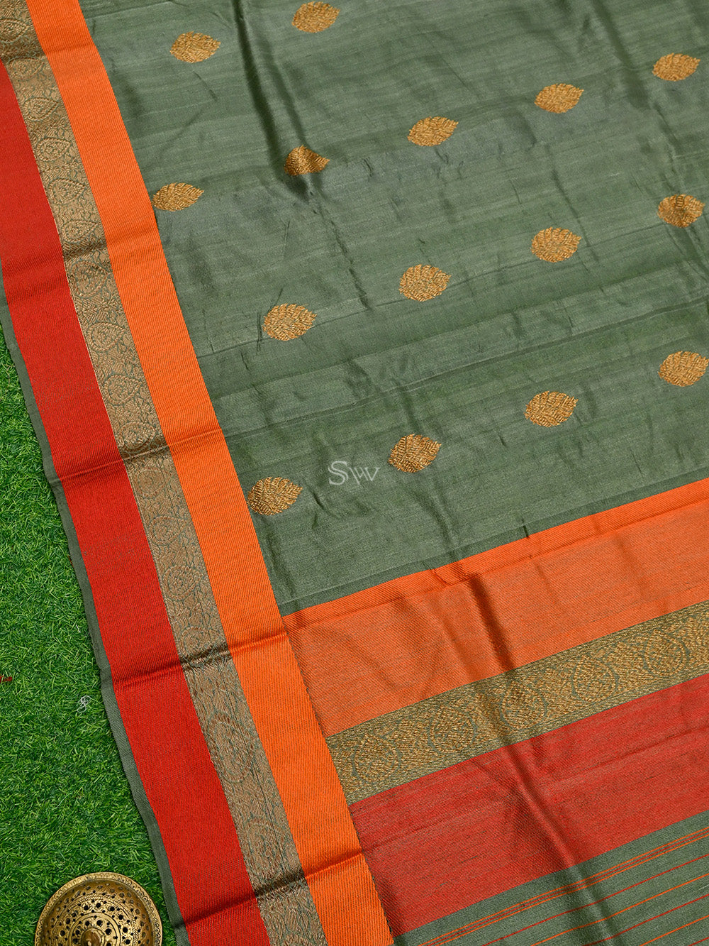 Olive Green Tussar Silk Handloom Banarasi Saree