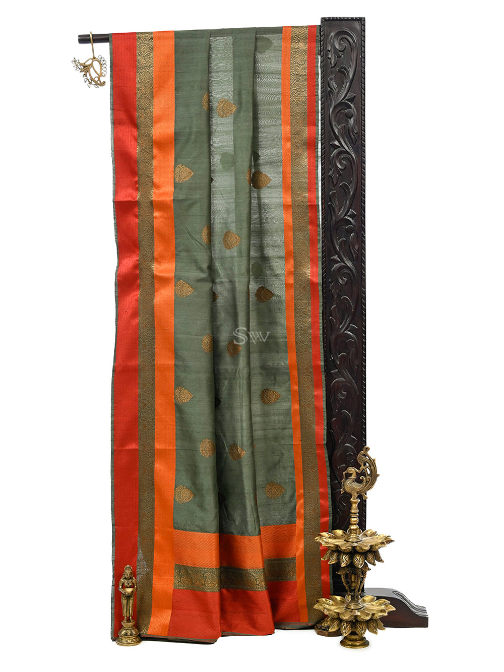 Olive Green Tussar Silk Handloom Banarasi Saree