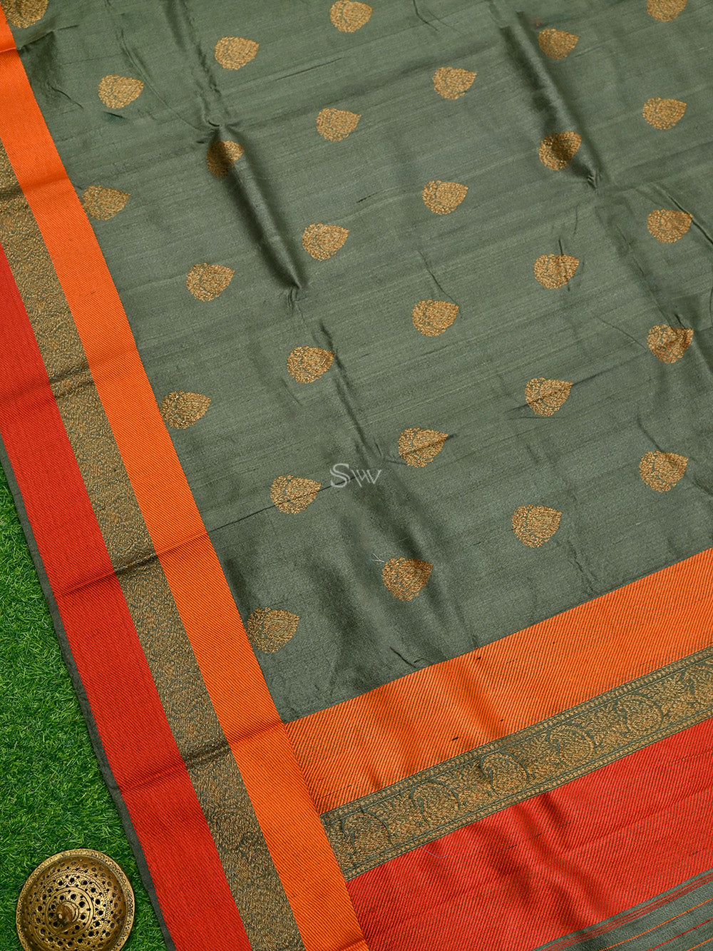 Olive Green Tussar Silk Handloom Banarasi Saree