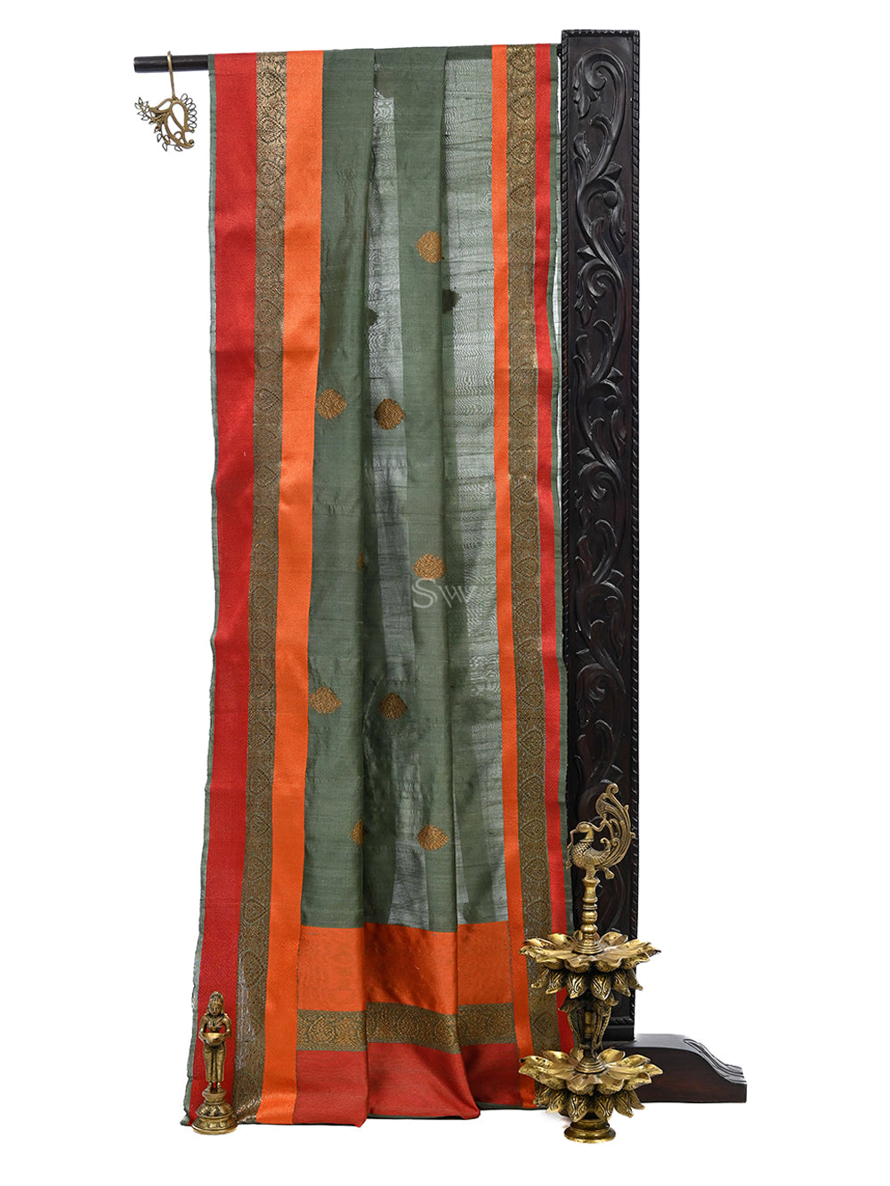 Olive Green Tussar Silk Handloom Banarasi Saree