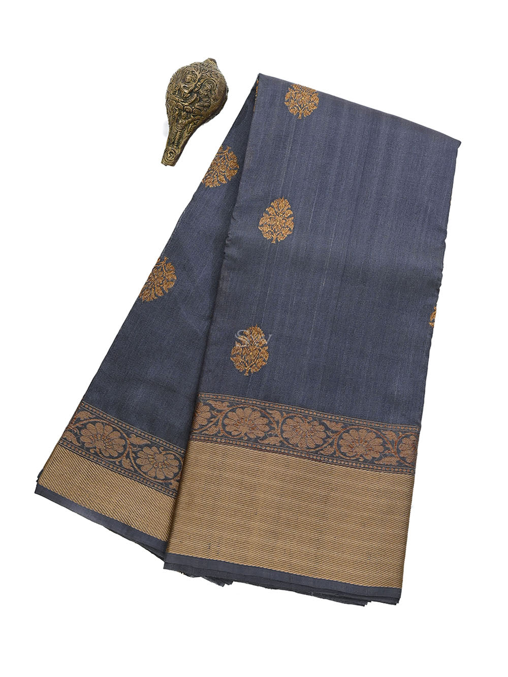 Grey Tussar Silk Handloom Banarasi Saree - Sacred Weaves