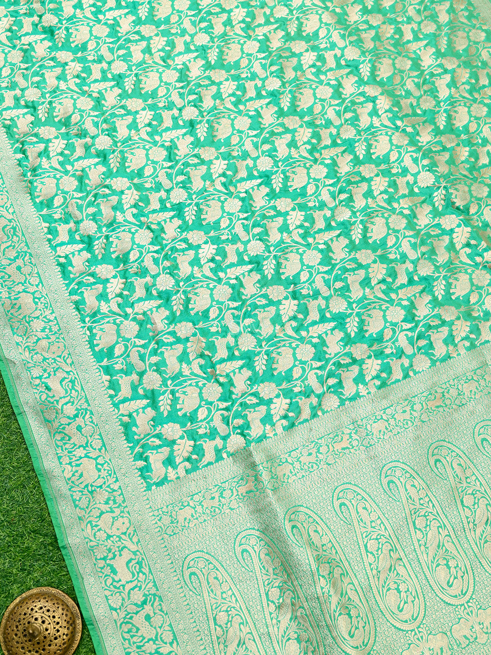 Sea Green Shikargah Katan Silk Handloom Banarasi Saree