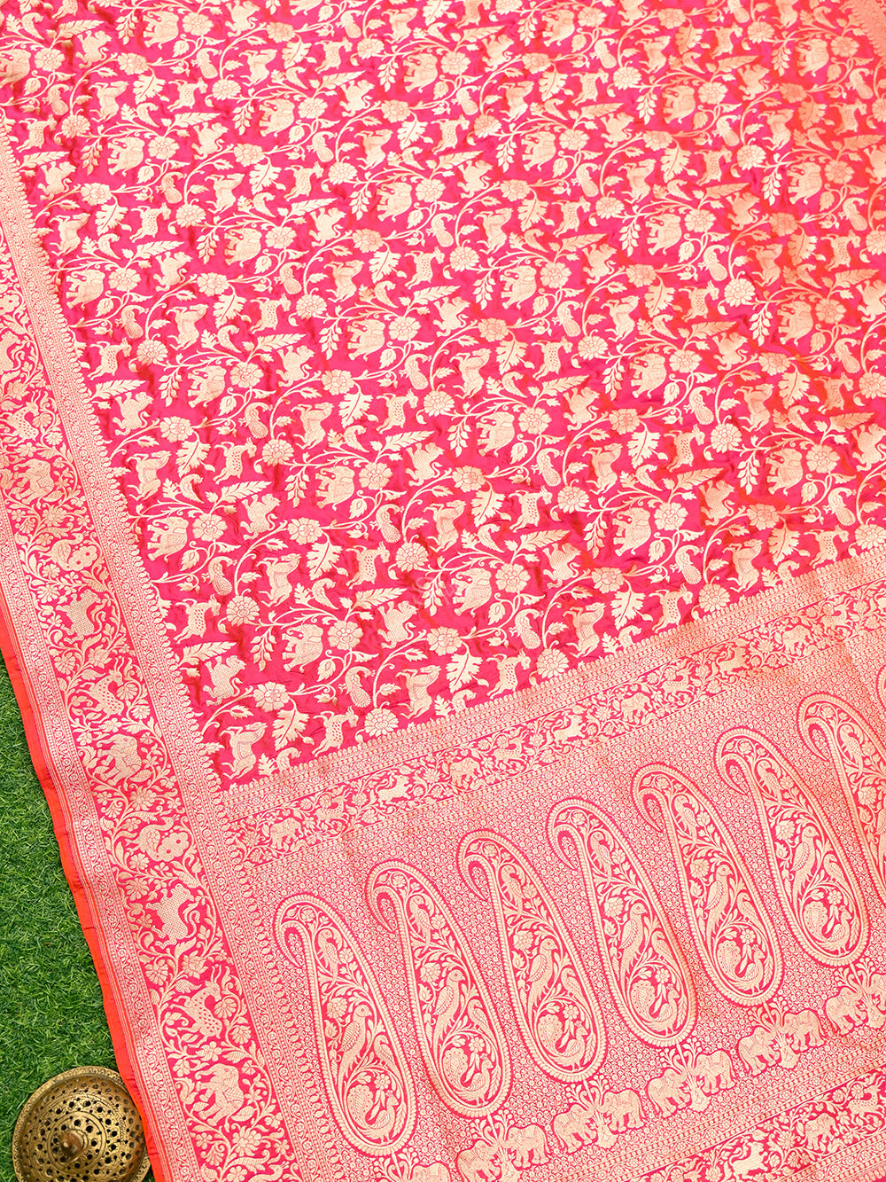 Pink Orange Shikargah Katan Silk Handloom Banarasi Saree