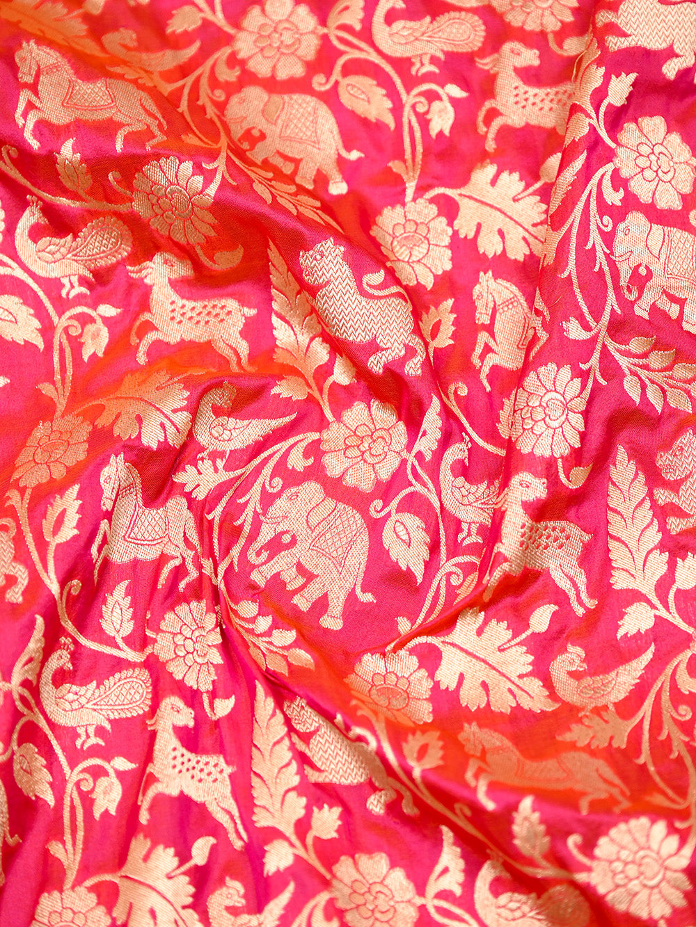 Pink Orange Shikargah Katan Silk Handloom Banarasi Saree