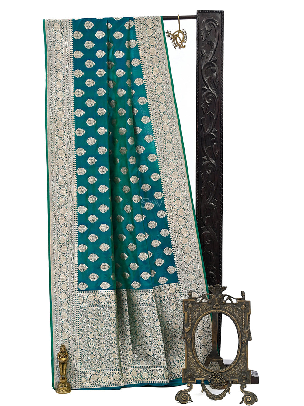 Teal Green Booti Uppada Katan Silk Handloom Banarasi Saree