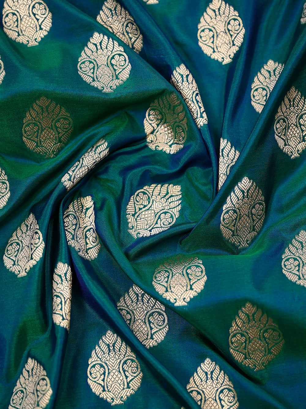 Teal Green Booti Uppada Katan Silk Handloom Banarasi Saree