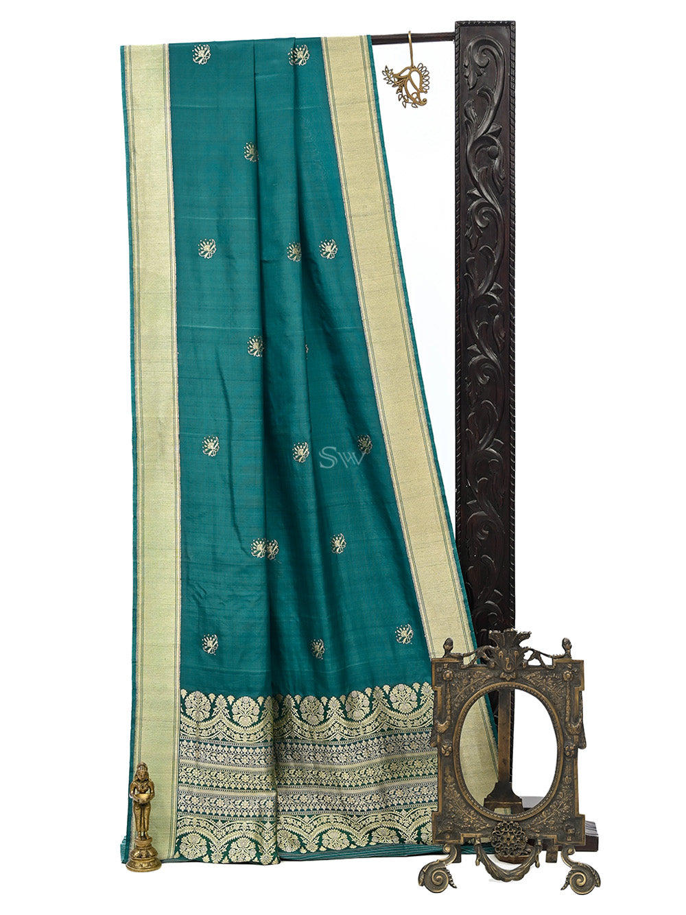 Teal Green Boota Katan Silk Handloom Banarasi Saree