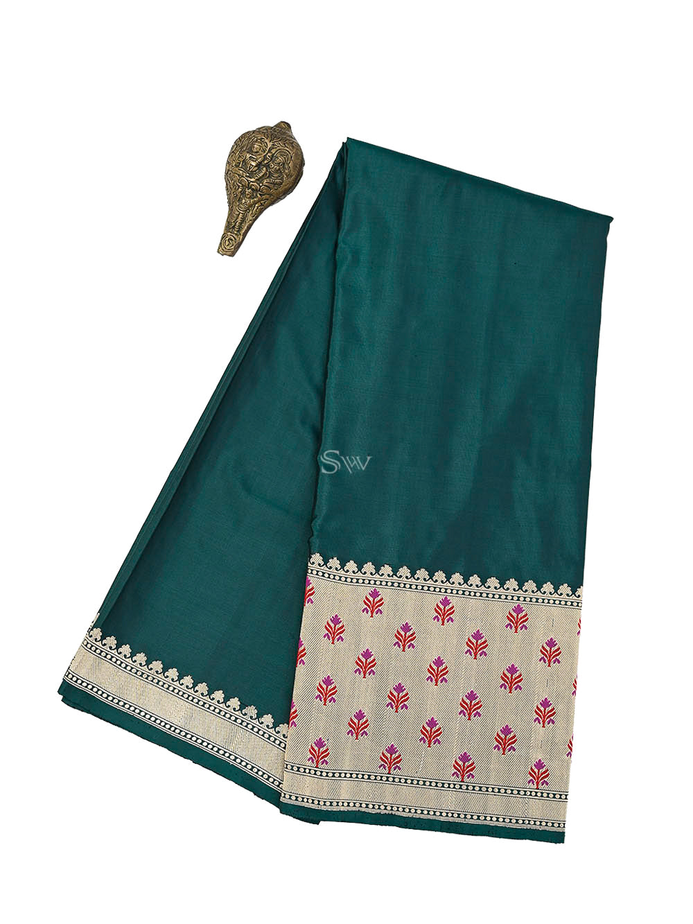 Teal Green Plain Katan Silk Handloom Banarasi Saree