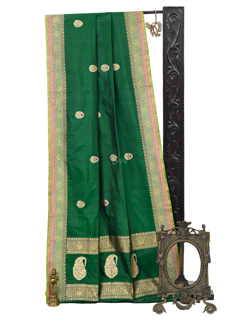 Bottle Green Meenakari Booti Katan Silk Handloom Banarasi Saree