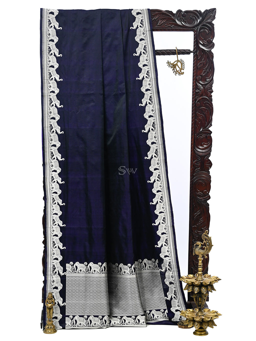 Black Purple Shikargah Satin Silk Handloom Banarasi Saree - Sacred Weaves