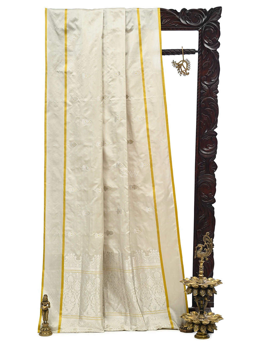 Off-White Meenakari Boota Satin Silk Handloom Banarasi Saree - Sacred Weaves