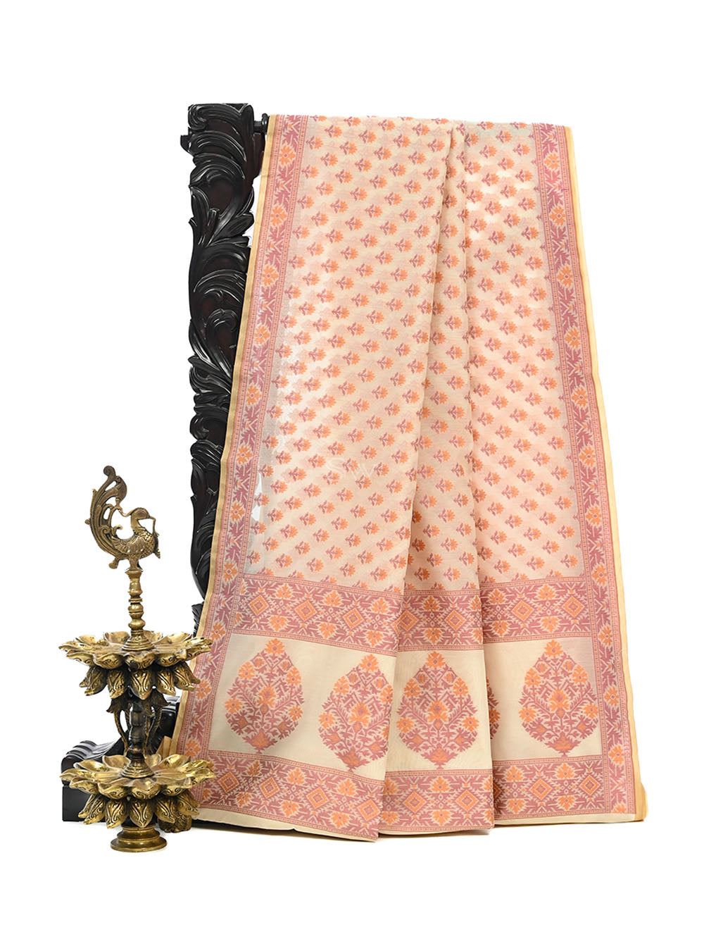 Off White Meenakari Jaal Cotton Silk Handloom Banarasi Saree - Sacred Weaves