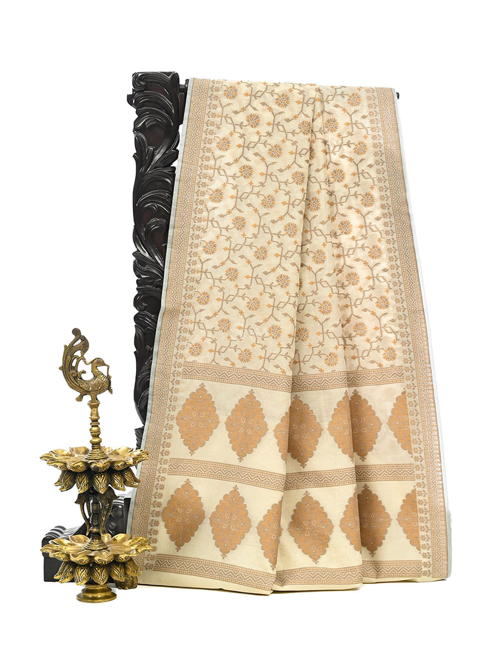 Cream Meenakari Jaal Cotton Silk Handloom Banarasi Saree - Sacred Weaves