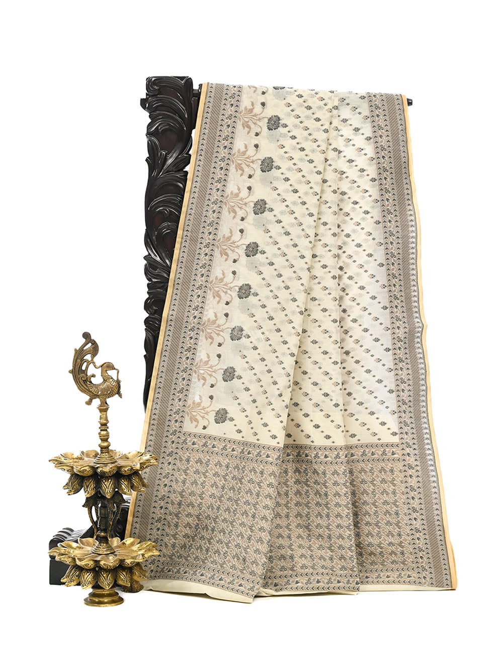 Cream Meenakari Leheriya Booti Cotton Silk Handloom Banarasi Saree - Sacred Weaves