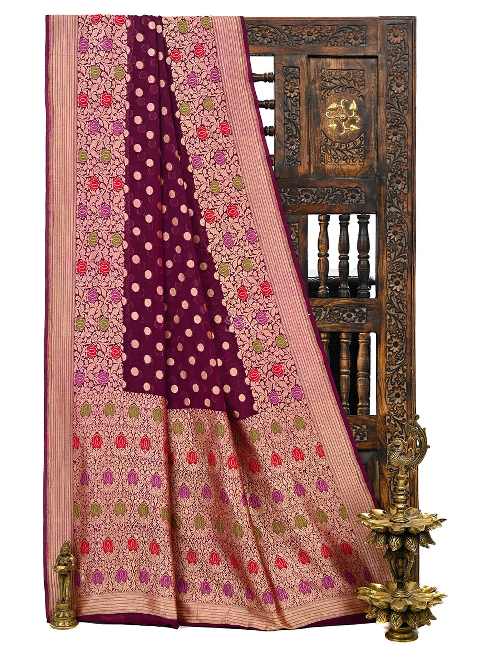 Wine Booti Khaddi Georgette Handloom Banarasi Saree - Sacred Weaves