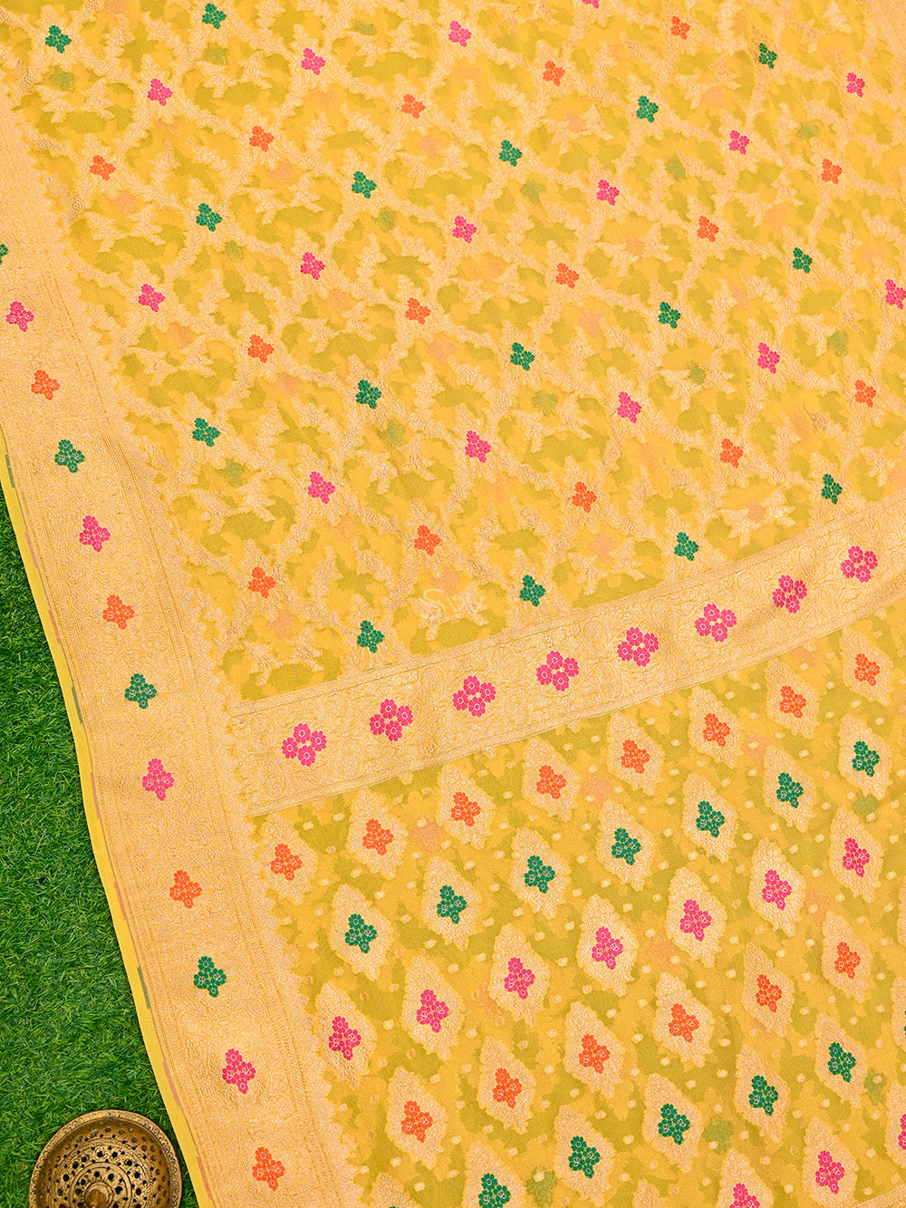 Mustard Meenakari Jaal Khaddi Georgette Handloom Banarasi Saree - Sacred Weaves