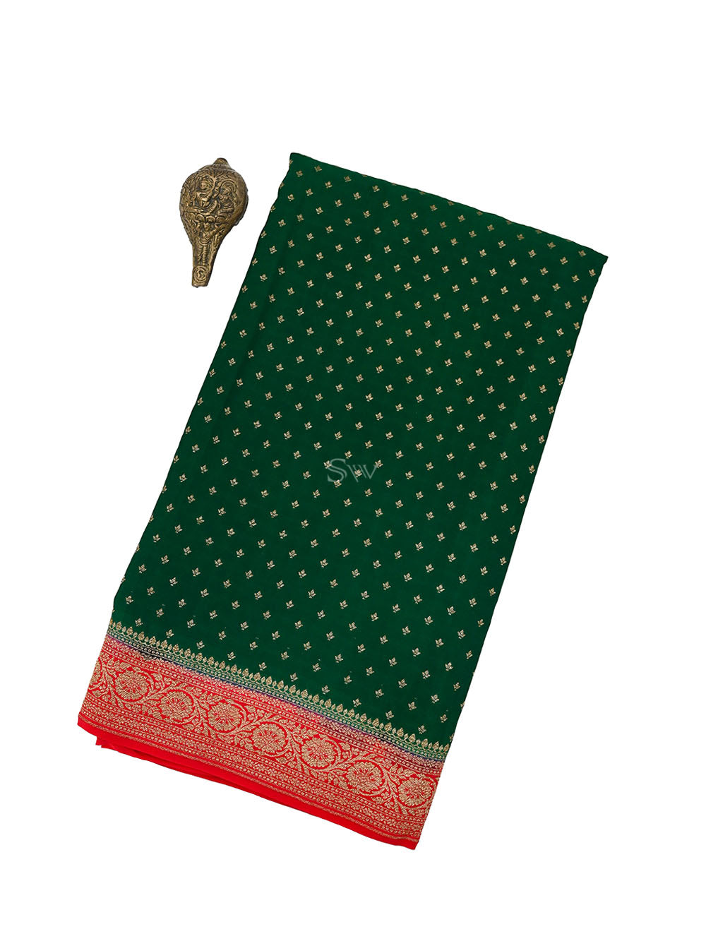 Bottle Green Booti Crepe Silk Handloom Banarasi Saree