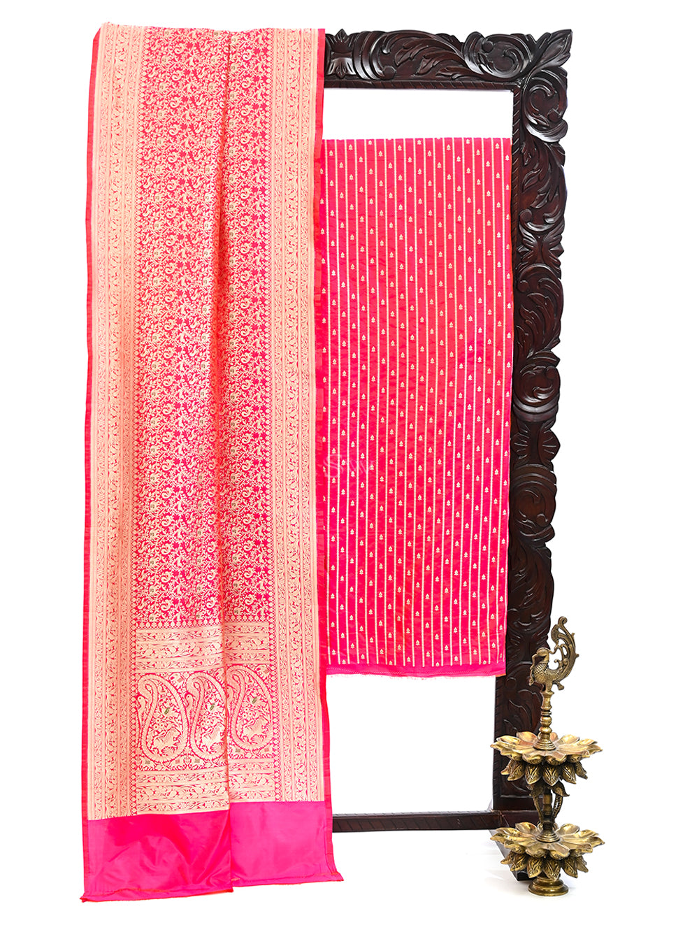 Pink Orange Meenakari Katan Silk Handloom Banarasi Suit - Sacred Weaves