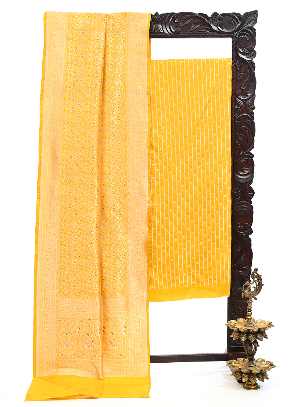 Mustard Meenakari Katan Silk Handloom Banarasi Suit - Sacred Weaves