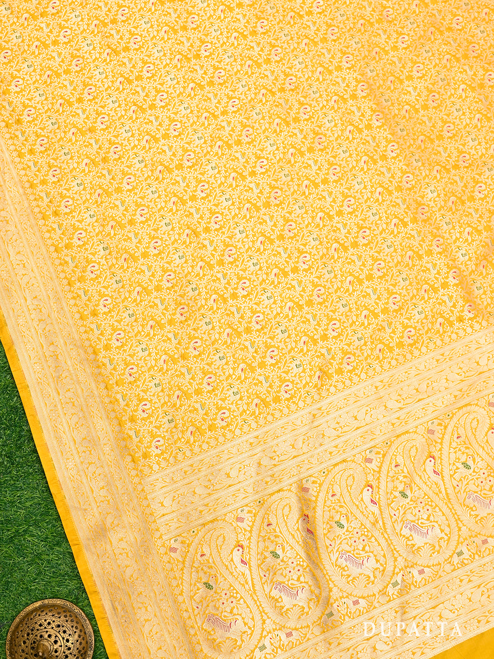 Mustard Meenakari Katan Silk Handloom Banarasi Suit - Sacred Weaves