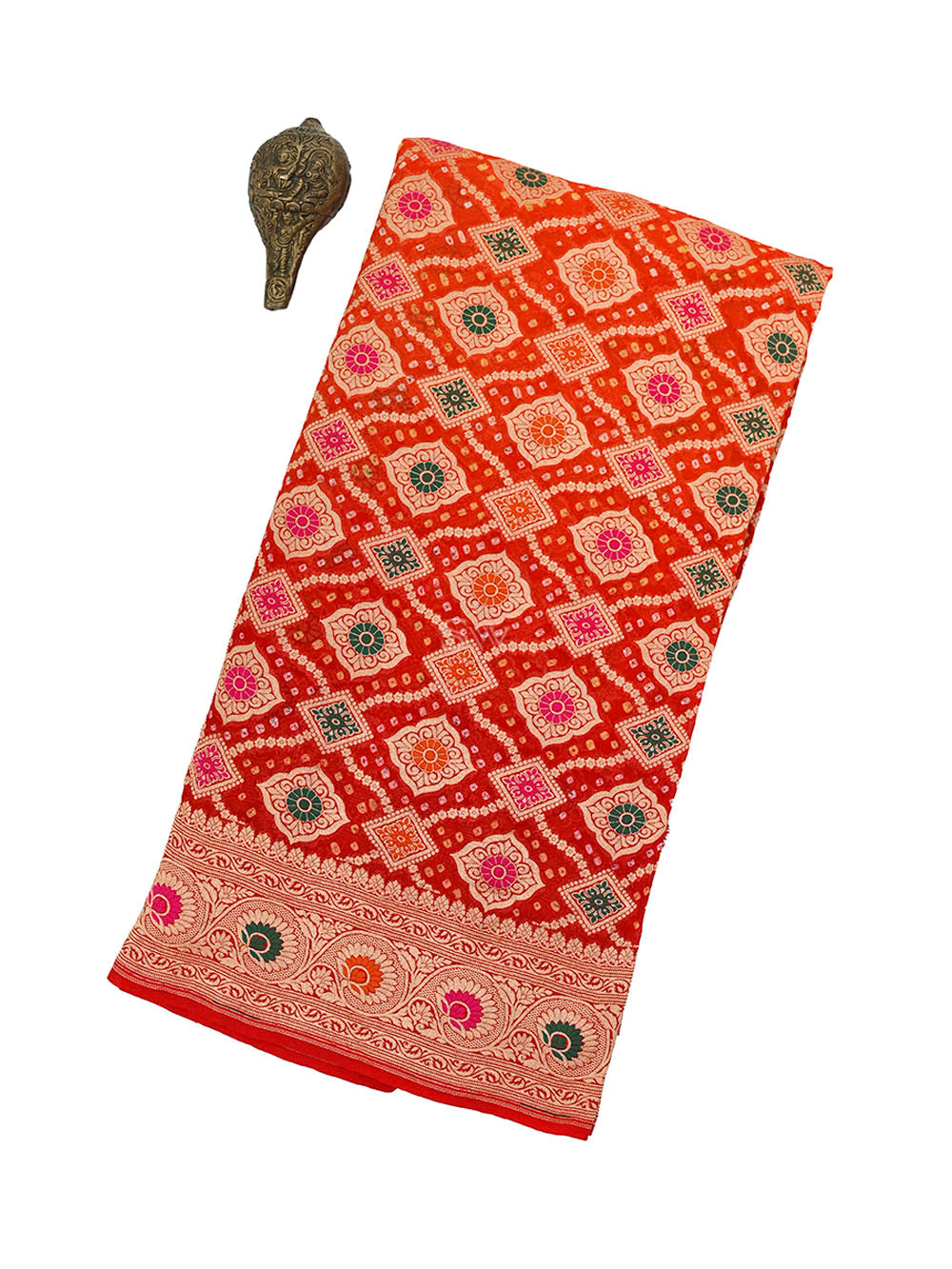 Red Orange Bandhani Khaddi Georgette Handloom Banarasi Saree