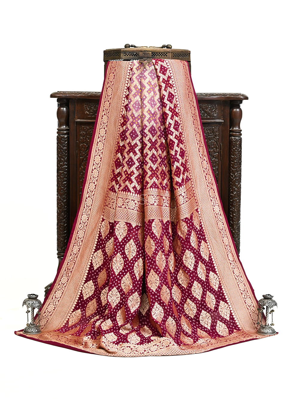 Wine Mauve Bandhani Khaddi Georgette Handloom Banarasi Saree