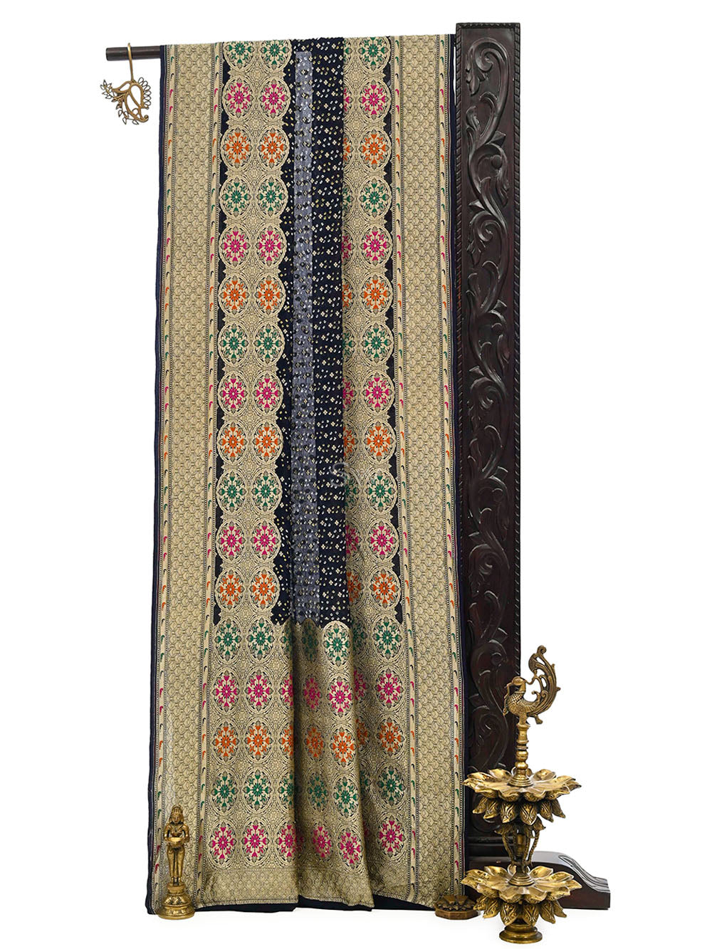 Navy Blue Bandhani Khaddi Georgette Handloom Banarasi Saree