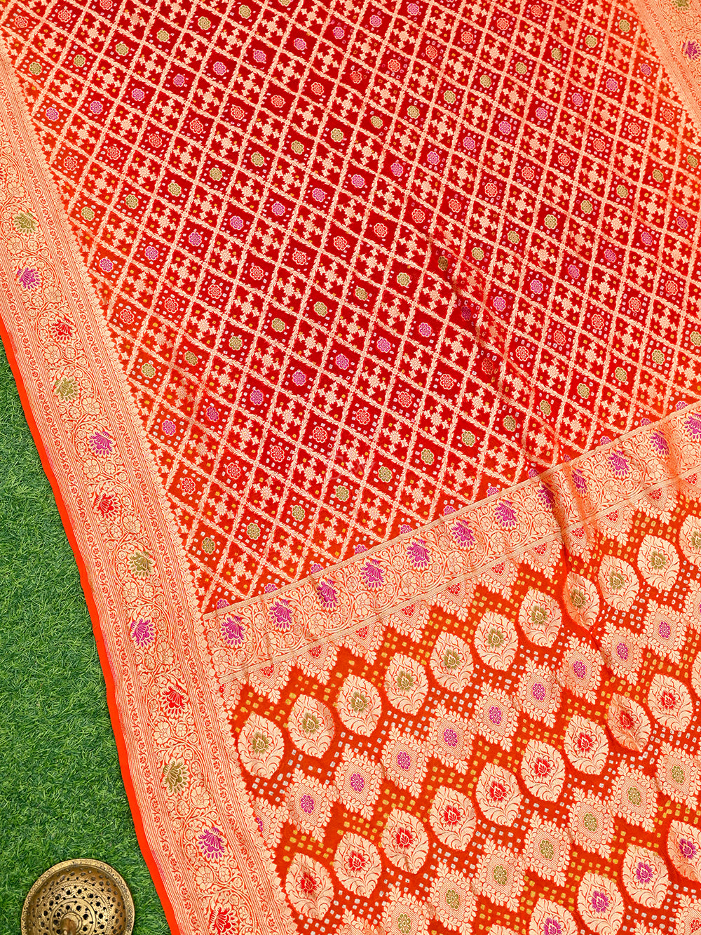 Orange Red Bandhani Khaddi Georgette Handloom Banarasi Saree - Sacred Weaves