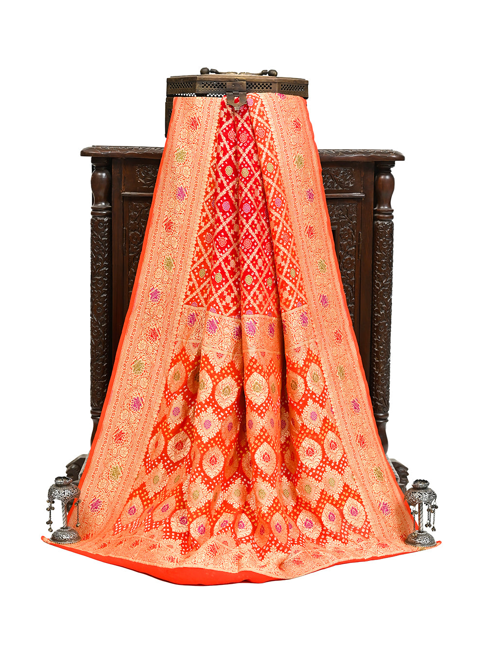 Orange Red Bandhani Khaddi Georgette Handloom Banarasi Saree - Sacred Weaves