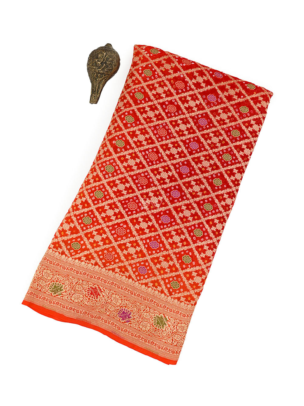 Orange Red Bandhani Khaddi Georgette Handloom Banarasi Saree