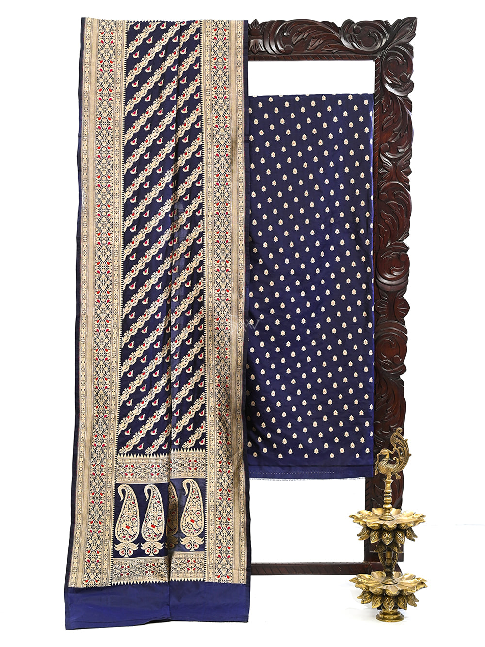 Dark Blue Meenakari Katan Silk Handloom Banarasi Suit - Sacred Weaves