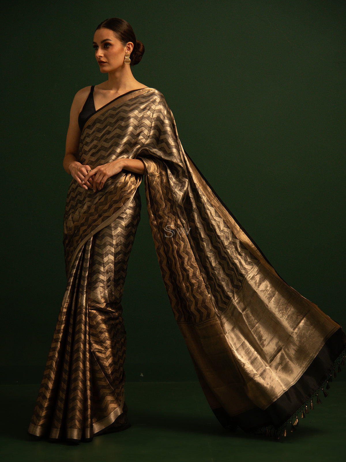 Black Tissue Brocade Handloom Banarasi Saree - Sacred Weaves