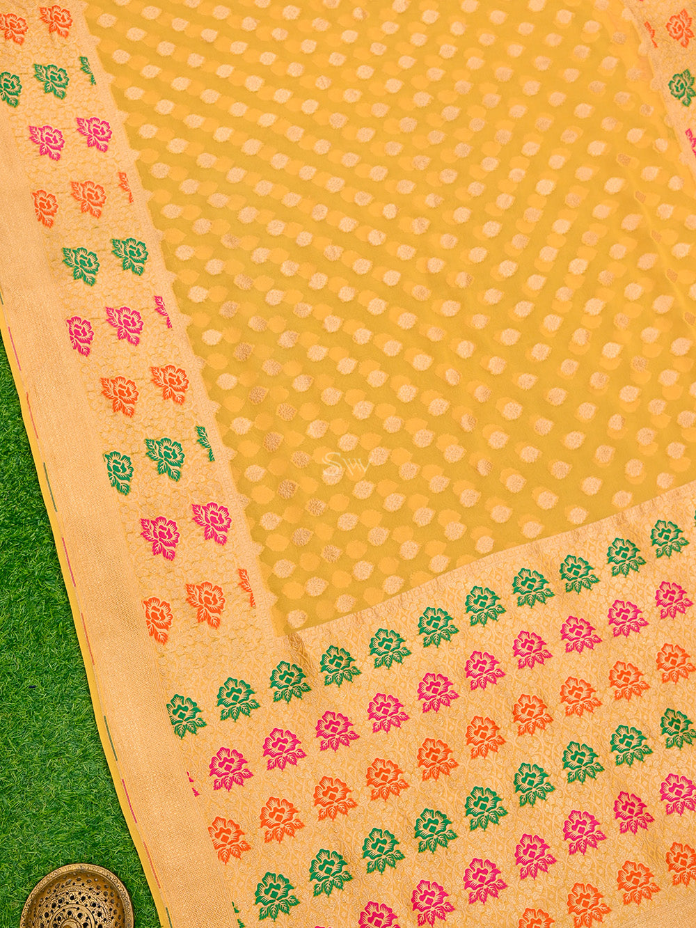 Mustard Booti Khaddi Georgette Handloom Banarasi Saree - Sacred Weaves