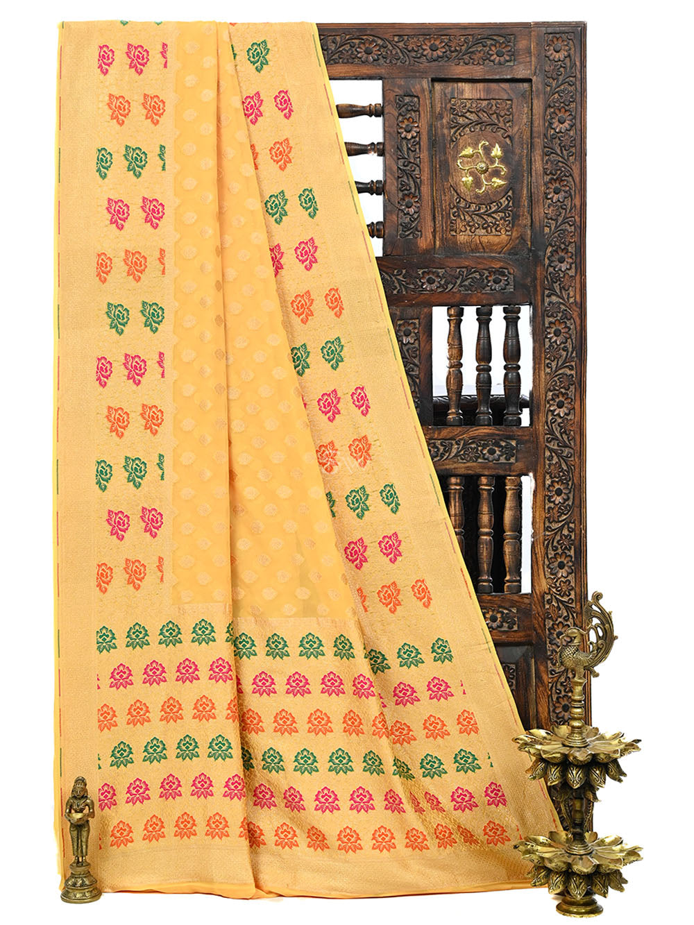 Mustard Booti Khaddi Georgette Handloom Banarasi Saree - Sacred Weaves