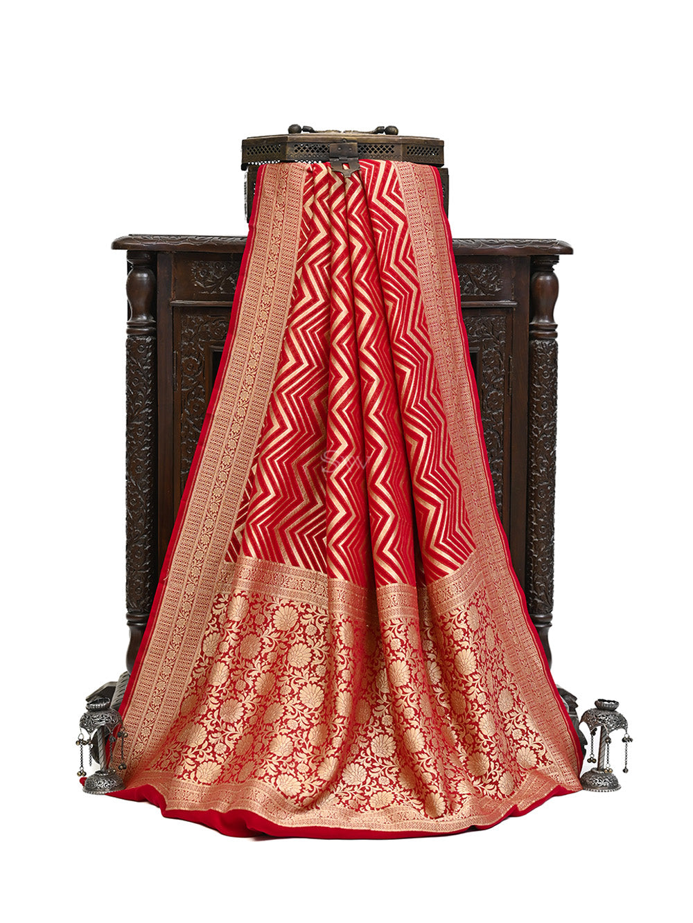 Red Stripe Khaddi Georgette Handloom Banarasi Saree