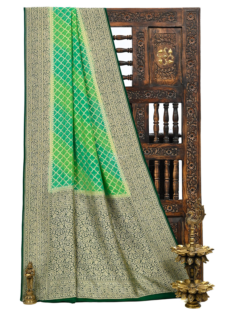 Green Rangkat Khaddi Georgette Handloom Banarasi Saree - Sacred Weaves