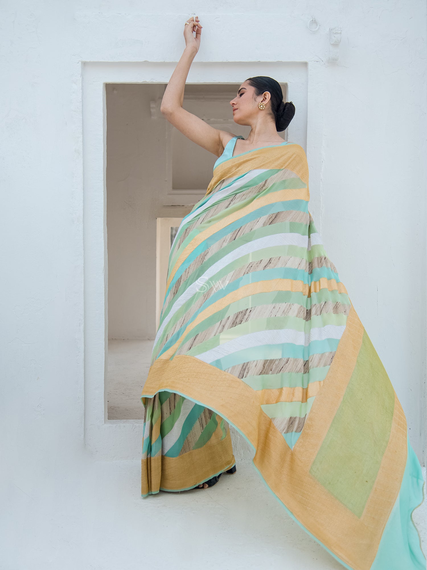 Pastel Green Grey Rangkat Tussar Georgette Handloom Banarasi Saree - Sacred Weaves