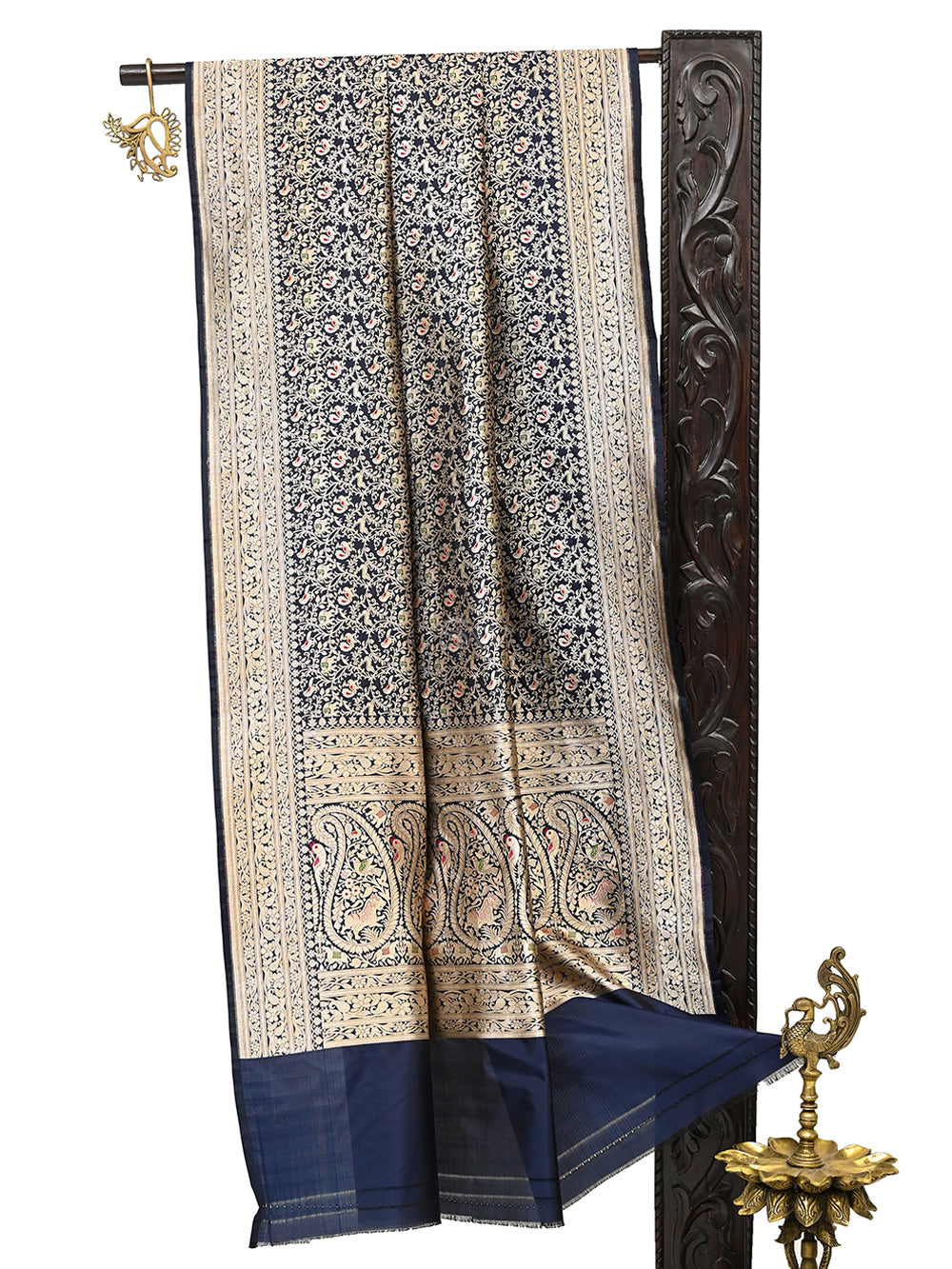 Dark Blue Shikargah Brocade Katan Silk Handloom Banarasi Dupatta - Sacred Weaves